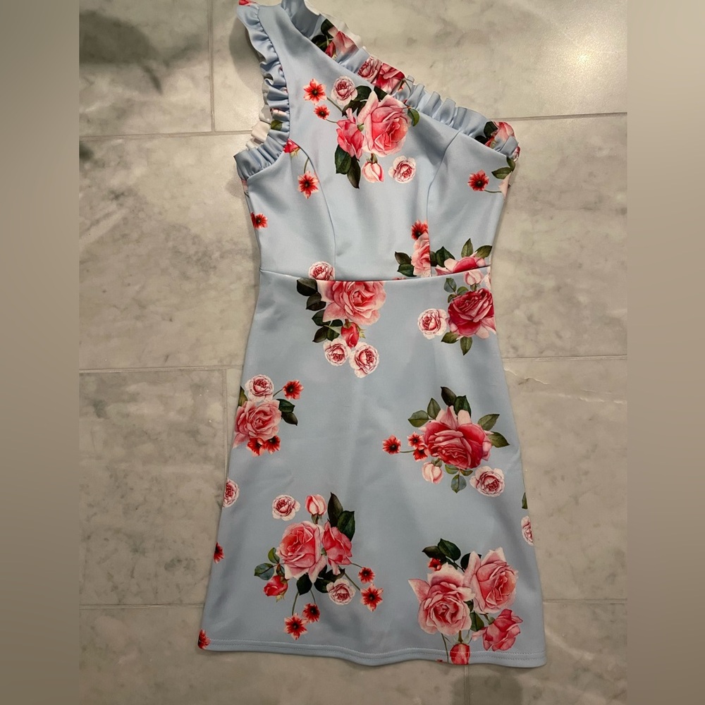 ASOS | light blue floral mini dress one shoulder, size 4